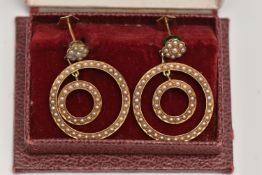 A PAIR OF YELLOW METAL SEED PEARL DROP EARRINGS, each earring designed with two forward facing rings