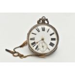 A SILVER OPEN FACE POCKET WATCH, key wound, round white dial, Roman numerals, subsidiary seconds