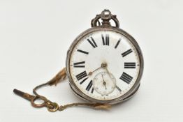 A SILVER OPEN FACE POCKET WATCH, key wound, round white dial, Roman numerals, subsidiary seconds