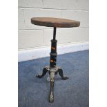 A VINTAGE CAST IRON INDUSTRIAL STOOL, with a circular wooden top, on a support with sprocket lever