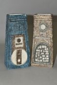 TWO TROIKA POTTERY COFFIN VASES, in shades of blue, grey and brown, with impressed and incised