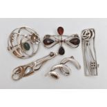 FIVE BROOCHES, to include a silver fly brooch set with a moonstone cabochon, hallmarked Edinburgh, a