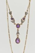 A 9CT GOLD AMETHYST AND DIAMOND NECKLACE, designed as three graduated circular amethysts interspaced