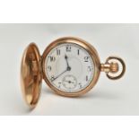 A ROLLED GOLD FULL HUNTER POCKET WATCH, manual wind, round white dial signed 'Waltham U.S.A', Arabic