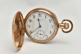 A ROLLED GOLD FULL HUNTER POCKET WATCH, manual wind, round white dial signed 'Waltham U.S.A', Arabic