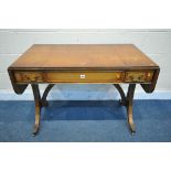 A BEVAN FUNNEL REPRODUX MAHOGANY DROP LEAF GAMES SOFA TABLE, with reversible slide top enclosing