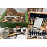 A BOX OF ASSORTED LOOSE CUTLERY AND FLATWARE AND TWO PART CANTEENS OF PLATED CUTLERY, mostly Old