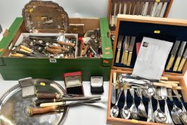 A BOX OF ASSORTED LOOSE CUTLERY AND FLATWARE AND TWO PART CANTEENS OF PLATED CUTLERY, mostly Old