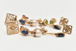 AN ASSORTMENT OF 9CT GOLD AND YELLOW METAL EARRINGS, the first a pair of cultured pearl and sapphire