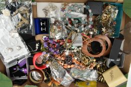 A BOX OF ASSORTED COSTUME JEWELLERY, to include bangles, cufflinks, rings, beaded necklaces,