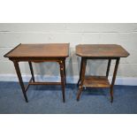 AN EDWARDIAN ROSEWOOD AND INLAID SIDE TABLE, length 68cm x width 43cm x height 71cm, along with a