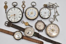 ASSORTED SILVER AND WHITE METAL WATCHES, to include three open face silver pocket watches,