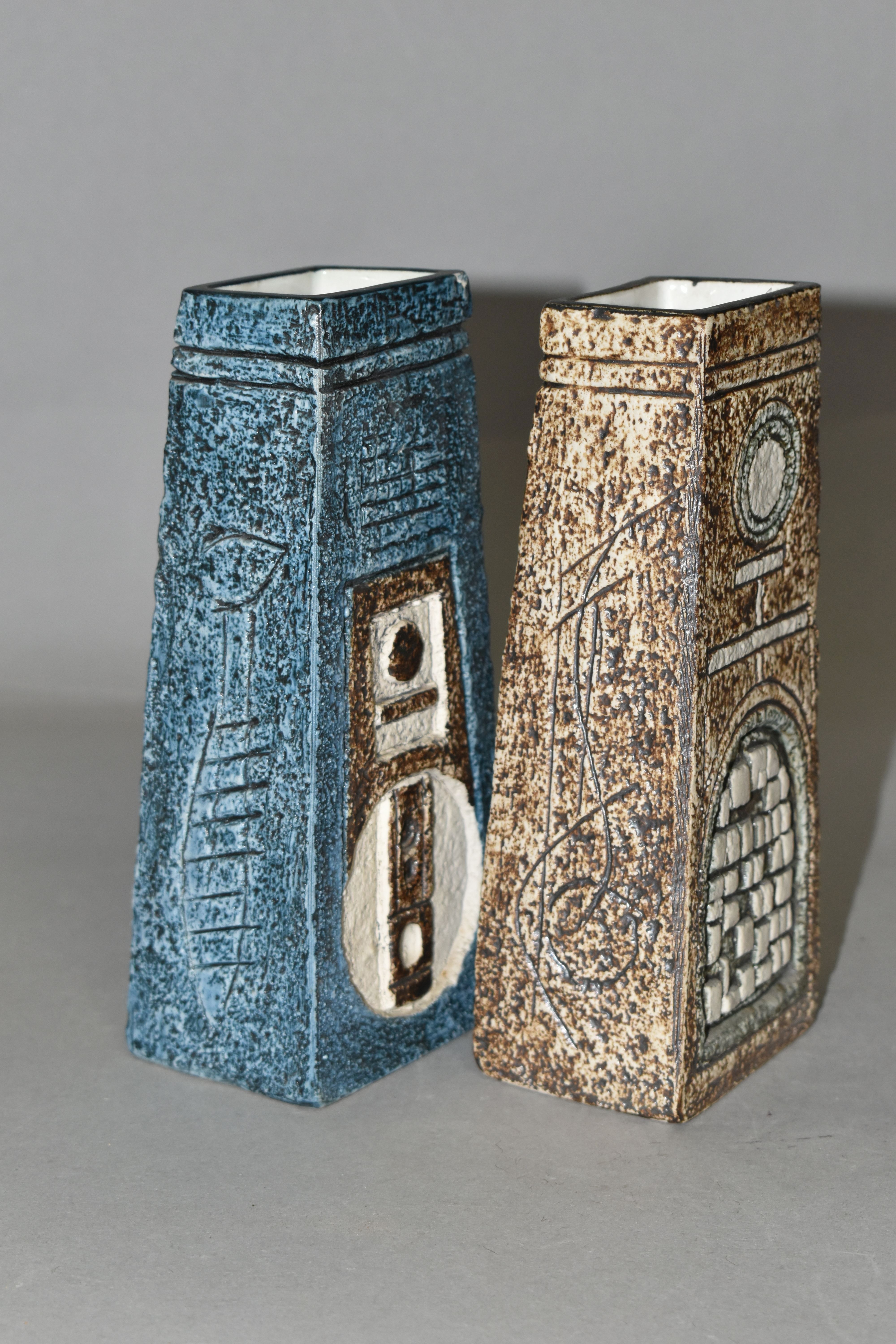 TWO TROIKA POTTERY COFFIN VASES, in shades of blue, grey and brown, with impressed and incised - Image 2 of 7