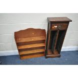 AN OLD CHARM OAK CD RACK, with a single drawer, along with a hanging shelf rack (condition:-water