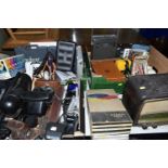 THREE BOXES AND LOOSE PHOTOGRAPHIC AND ELECTRICAL EQUIPMENT, to include a vintage Phillips radio,