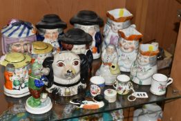 A COLLECTION OF VICTORIAN STAFFORDSHIRE TOBY JUGS / COVERED POTS AND LATER CERAMICS, including a