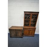 A MAHOGANY GLAZED TWO DOOR BOOKCASE, width 92cm x depth x 323cm x 1804cm, along with a two door