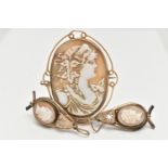 A CAMEO BROOCH AND A PAIR OF EARRINGS, yellow metal oval brooch, with a carved shell cameo depicting