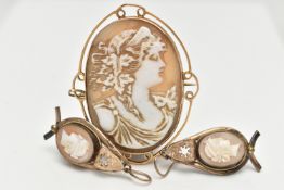 A CAMEO BROOCH AND A PAIR OF EARRINGS, yellow metal oval brooch, with a carved shell cameo depicting