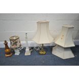 FOUR VARIOUS TABLE LAMPS, to include an Arts and Craft brass lamp, two marble lamps and a rustic