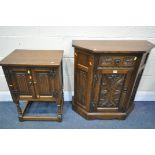 AN OLD CHARM OAK CANTED SINGLE DOOR CABINET, with a single draw, width 77cm x depth 34cm x height