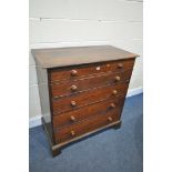 A GEORGIAN AND LATER OAK CHEST OF FIVE LONG GRADUATED DRAWERS, with turned handles on bracket