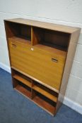 A MID CENTURY TEAK FALL FRONTED CABINET, surrounded by open shelves in two sections width 92cm x