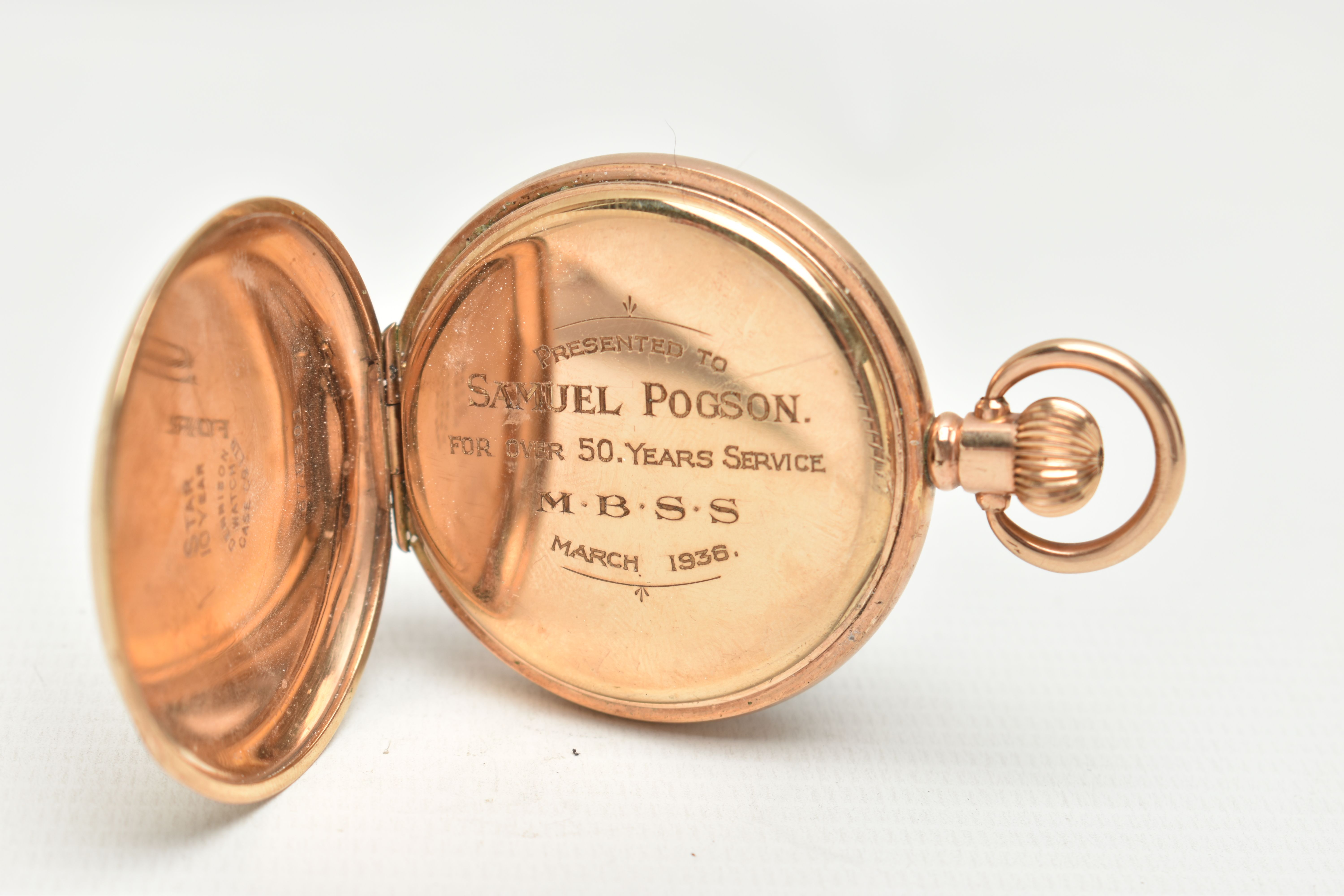 A ROLLED GOLD OPEN FACE POCKET WATCH, manual wind, round white dial, Arabic numerals, subsidiary - Image 3 of 6