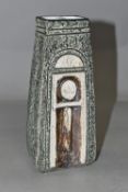 A TROIKA POTTERY COFFIN VASE, in shades of grey and brown, with impressed and incised decoration,