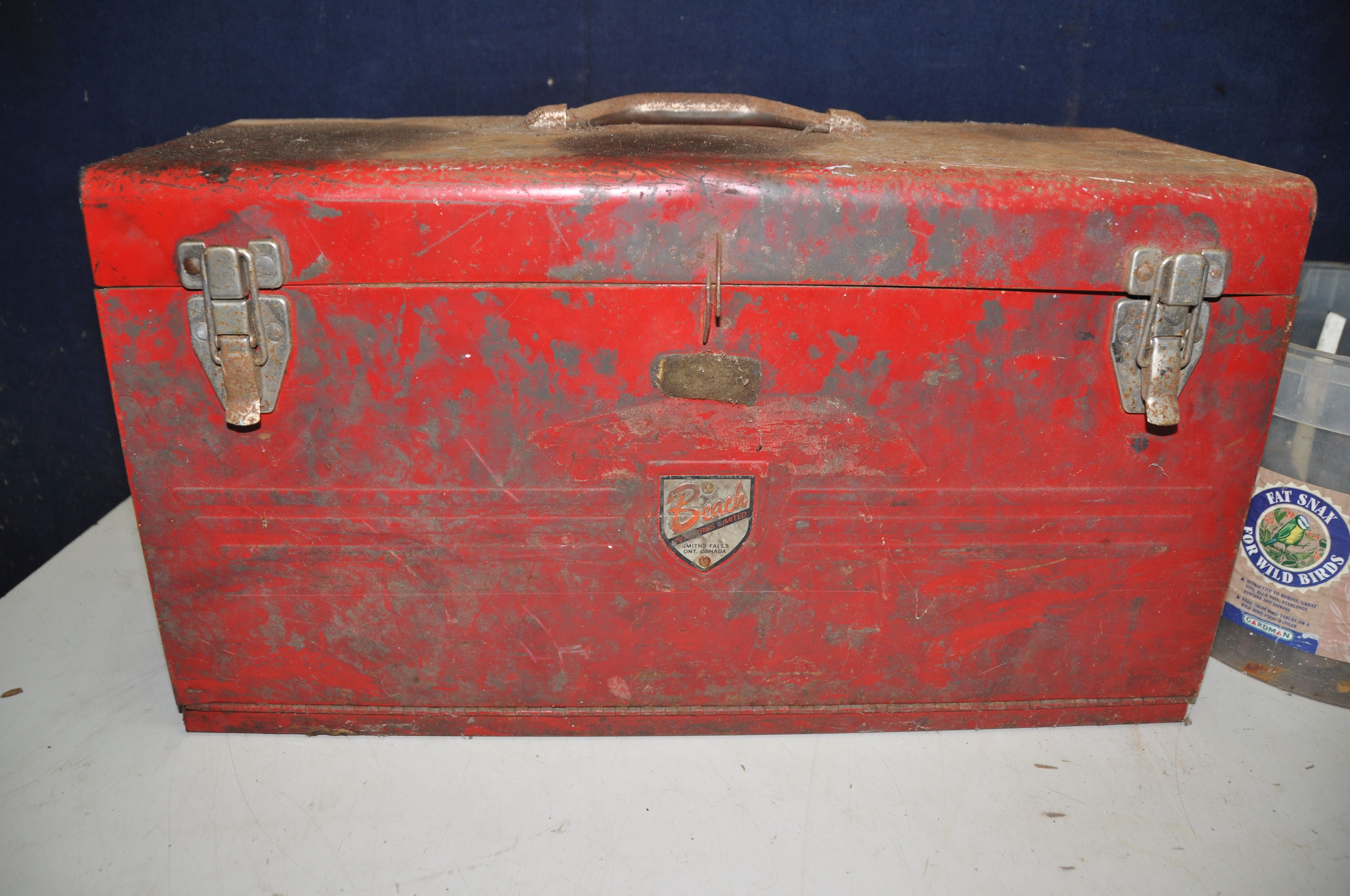 A METAL BEACH TOOLBOX with hinged top and fall front enclosing three drawers containing a small - Image 4 of 4