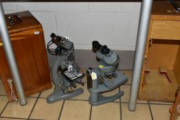 TWO MID - CENTURY STEREOSCOPIC MICROSCOPES, comprising a Watson Barnet 143368 with wooden case and