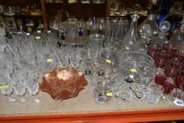 A QUANTITY OF GLASSWARE, to include a set of eight acid etched cranberry wine glasses, three