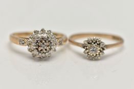 TWO 9CT GOLD DIAMOND CLUSTER RINGS, the first a tiered diamond cluster set with single cut diamonds,