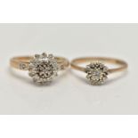 TWO 9CT GOLD DIAMOND CLUSTER RINGS, the first a tiered diamond cluster set with single cut diamonds,