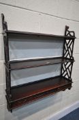 A LATE 20TH CENTURY WALL MOUNTED OPEN BOOKSHELVES, with three drawers width 77cm x height 90cm