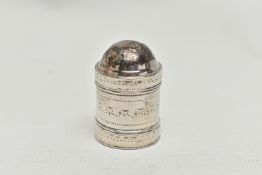 A GEORGE III SILVER NUTMEG GRATER OF CYLINDRICAL FORM, with a domed pull off cover over the grater