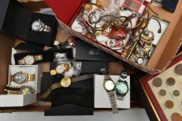 A BOX OF ASSORTED COSTUME JEWELLERY AND WRISTWATCHES, to include copper bangles, a Police whistle,