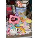 THREE BOXES AND A METAL DRUM OF CHILDRENS TOYS ETC, to include seven My Little Pony toys, a quantity