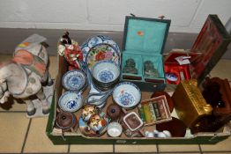 A BOX AND LOOSE ORIENTAL ITEMS, to include a ceramic figure of a horse, height 32cm (sd), a ten
