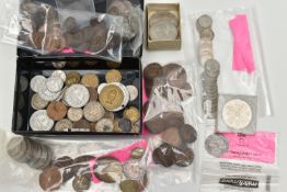 A SMALL CARDBOARD BOX AND CASH BOX OF MIXED COINAGE, to include a William IV four pence coin 1836