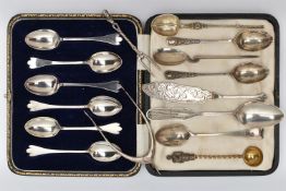 A CASED SET OF SIX GEORGE V SILVER TREFID END COFFEE SPOONS AND OTHER LOOSE 19TH AND 20TH CENTURY