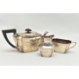 A LATE VICTORIAN SILVER THREE PIECE BACHELORS TEA SET OF SHAPED RECTANGULAR FORM, comprising teapot,