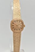 A LADYS 9CT GOLD 'LONGINES' WRISTWATCH, manual wind, rounded square gold dial signed 'Longines',