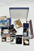 A BOX OF ASSORTED JEWELLERY AND WATCHES, to include a boxed white metal cubic zirconia set pendant