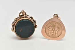 TWO 9CT GOLD PENDANTS, the first a swivel fob pendant set with carnelian and bloodstone inlays,