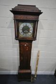 A GEORGIAN OAK, ROSEWOOD CROSSBANDED AND INLAID 8 DAY LONGCASE CLOCK, the stepped hood over turned