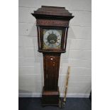 A GEORGIAN OAK, ROSEWOOD CROSSBANDED AND INLAID 8 DAY LONGCASE CLOCK, the stepped hood over turned