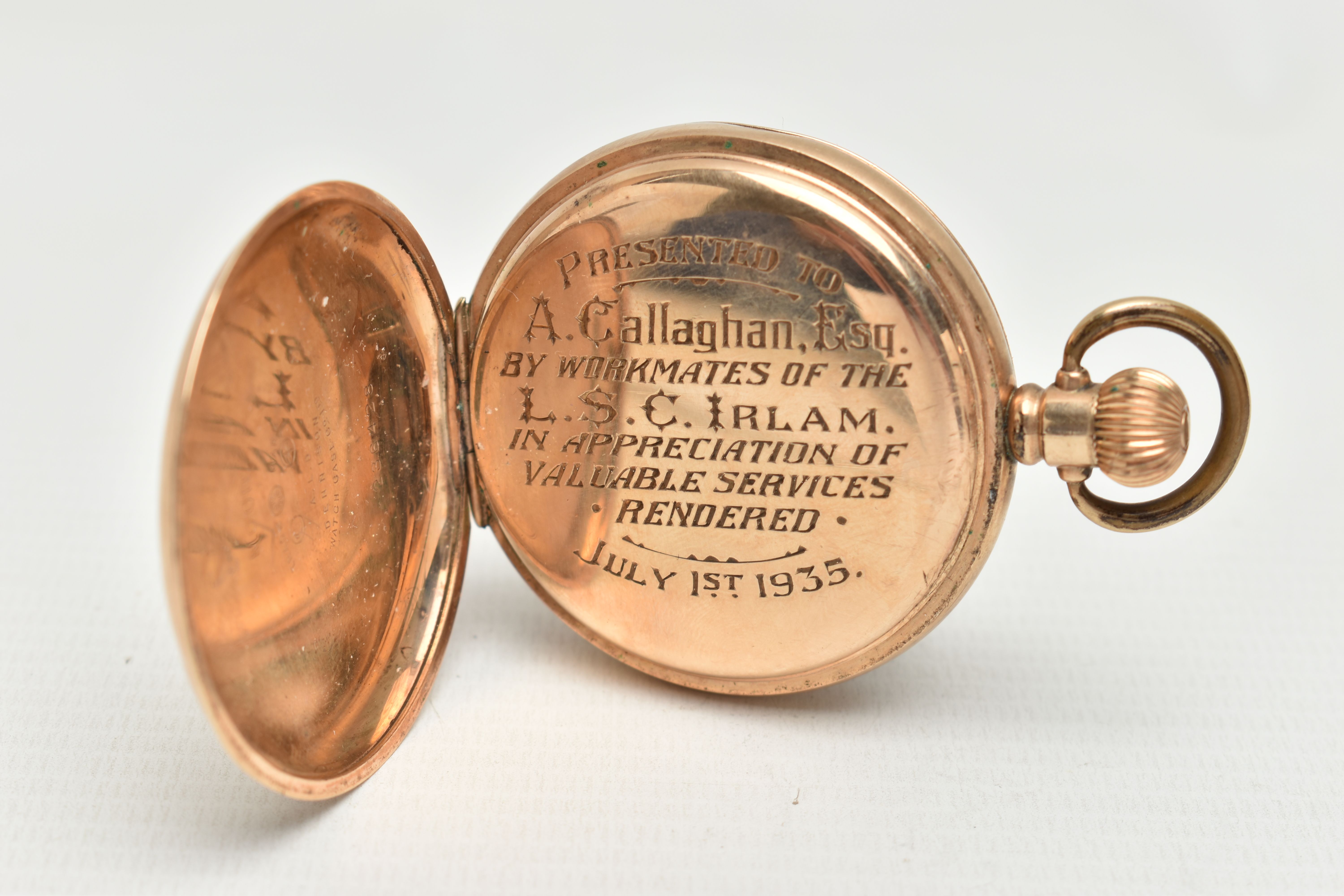 A ROLLED GOLD FULL HUNTER POCKET WATCH, manual wind, round white dial signed 'Waltham U.S.A', Arabic - Image 5 of 7