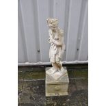 A WEATHERED COMPOSITE GARDEN FIGRURE OF A SCANTILY CLAD WOMAN on a square base measuring width