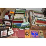 SIX BOXES OF BOOKS, TINS AND PICTURES, to include over thirty modern biscuit advertising tins, a